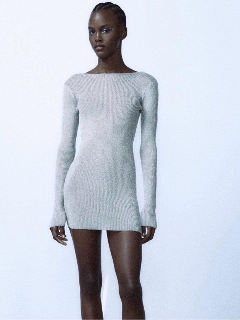 Zara Long-Sleeve Boatneck Knit Mini Dress in Silver